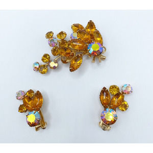 Vintage Beau Jewels Amber AB Rhinestone Spray Brooch Earrings Demi Parure Estate